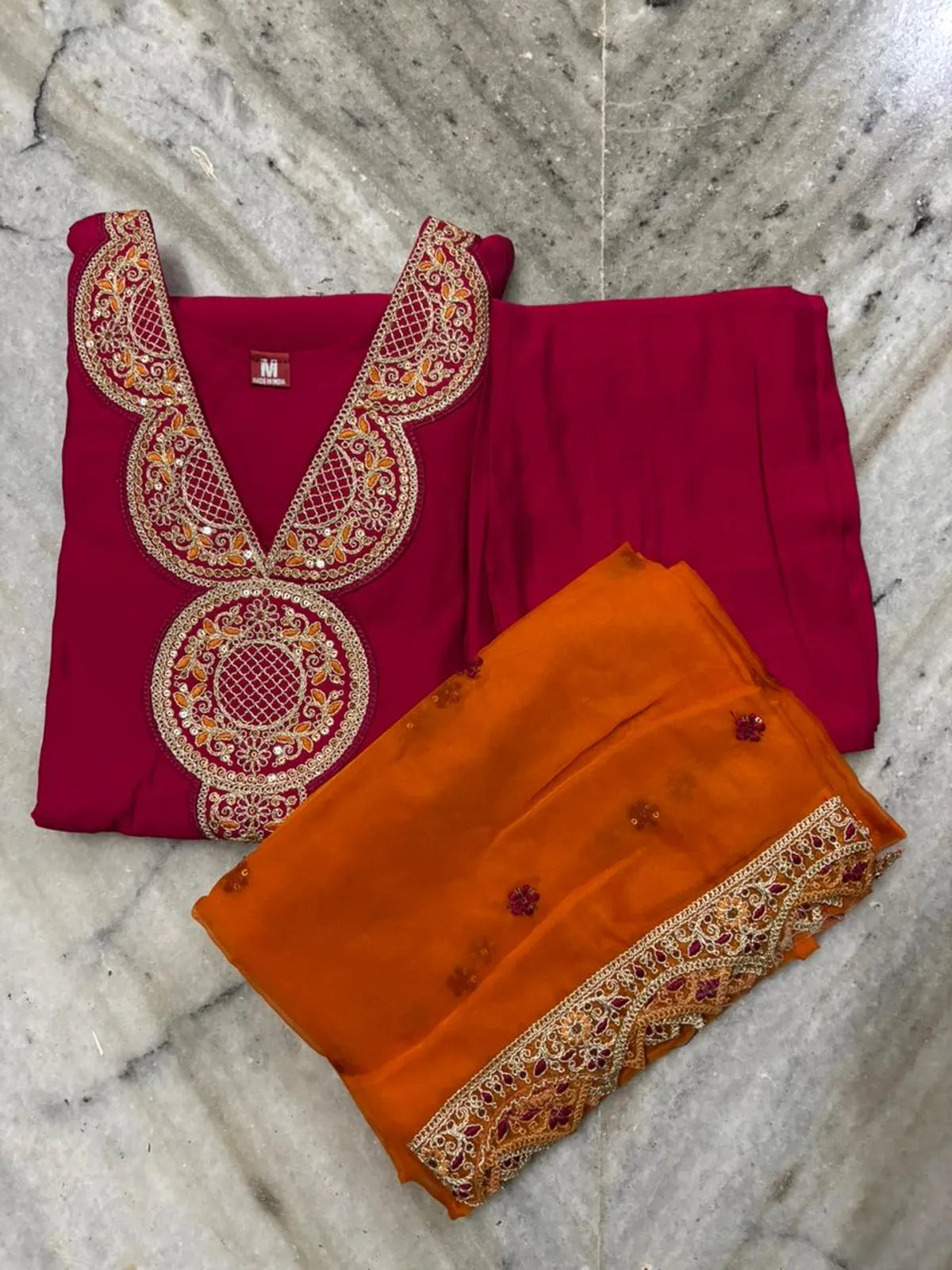 Pink & Orange Roman Silk Partywear 3pc Suit Set For Women