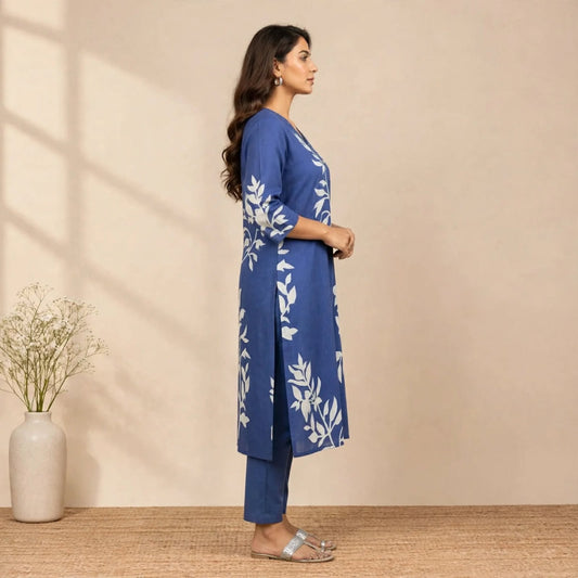 Navy Blue Cotton Partywear 2pc Suit Set For Women