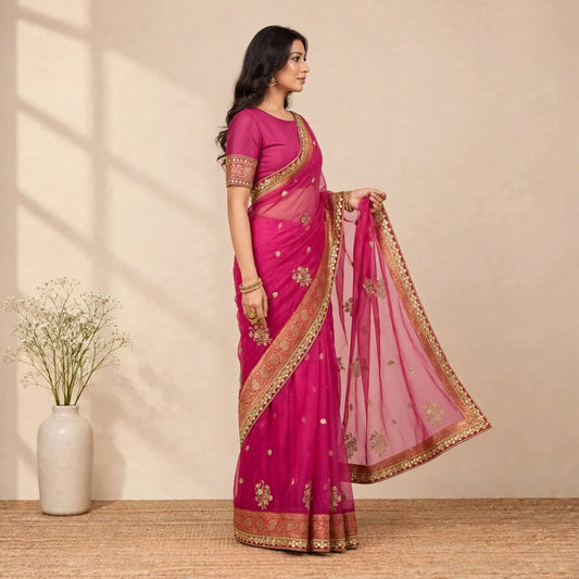 Magenta Pink Soft Organza Partywear Saree For Women