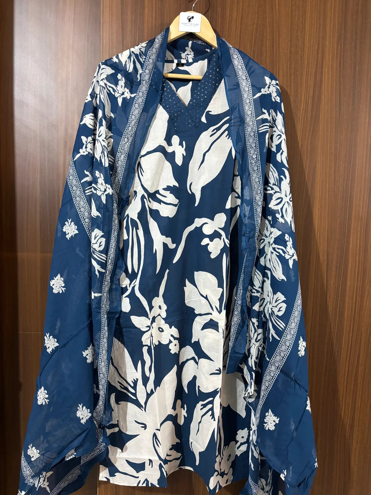 Navy Blue Cotton Partywear Suit Set For Women