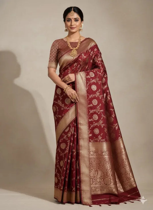 Maroon Soft Organza Partywear Saree For Women