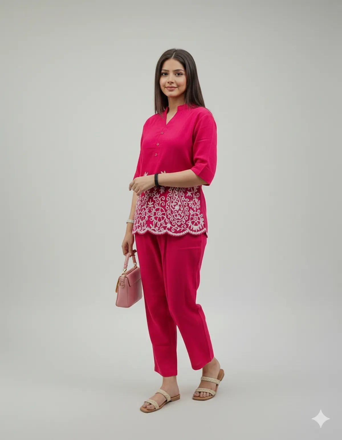 Rani Pink Cotton Kurta Pant Set For Women