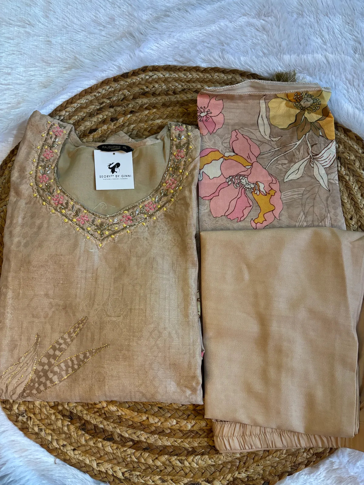 Cream Cotton Silk Partywear Suit Set For Women