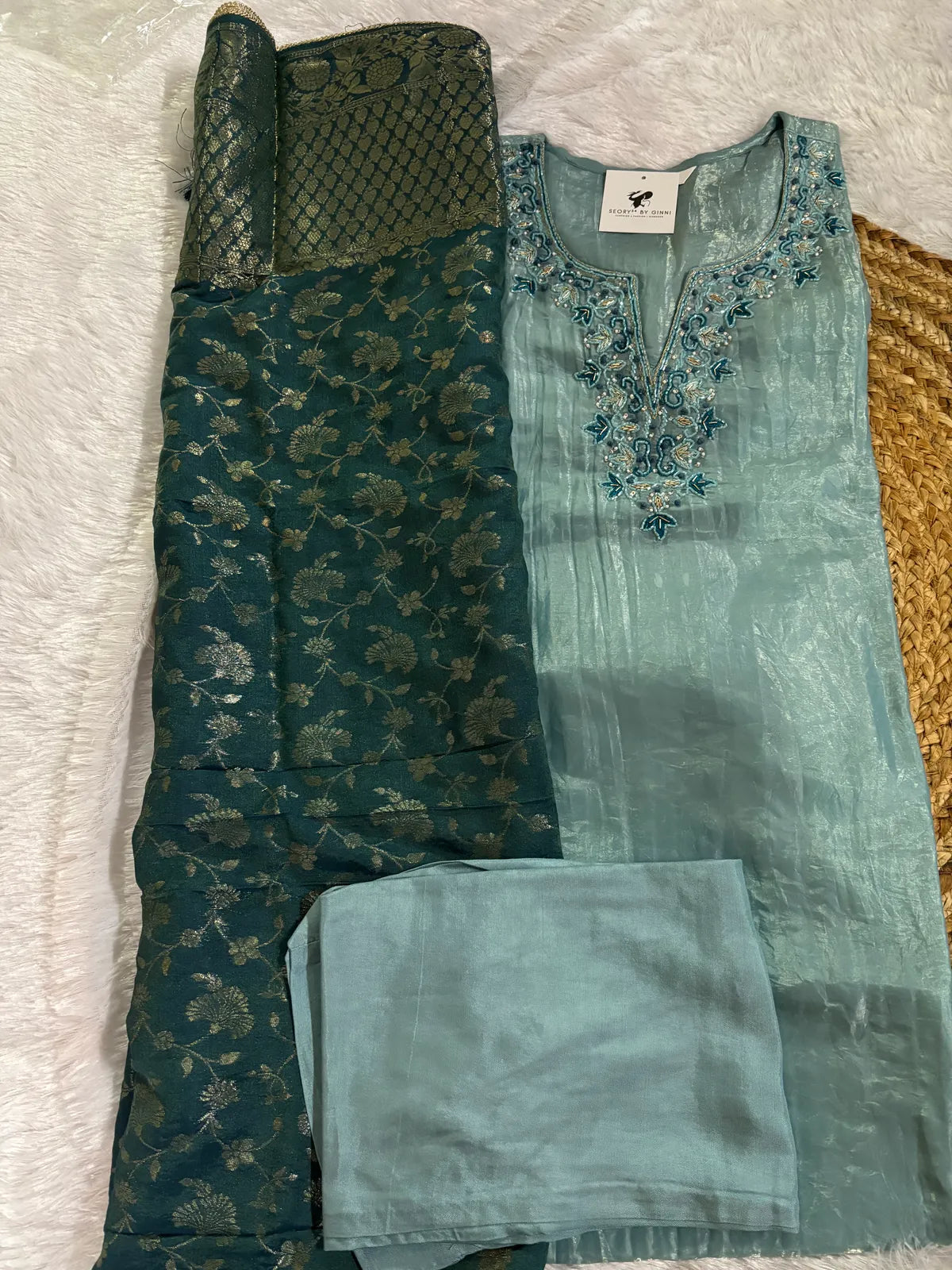 Peacock Blue Tissue Silk Fabric Partywear Suit Set For Women