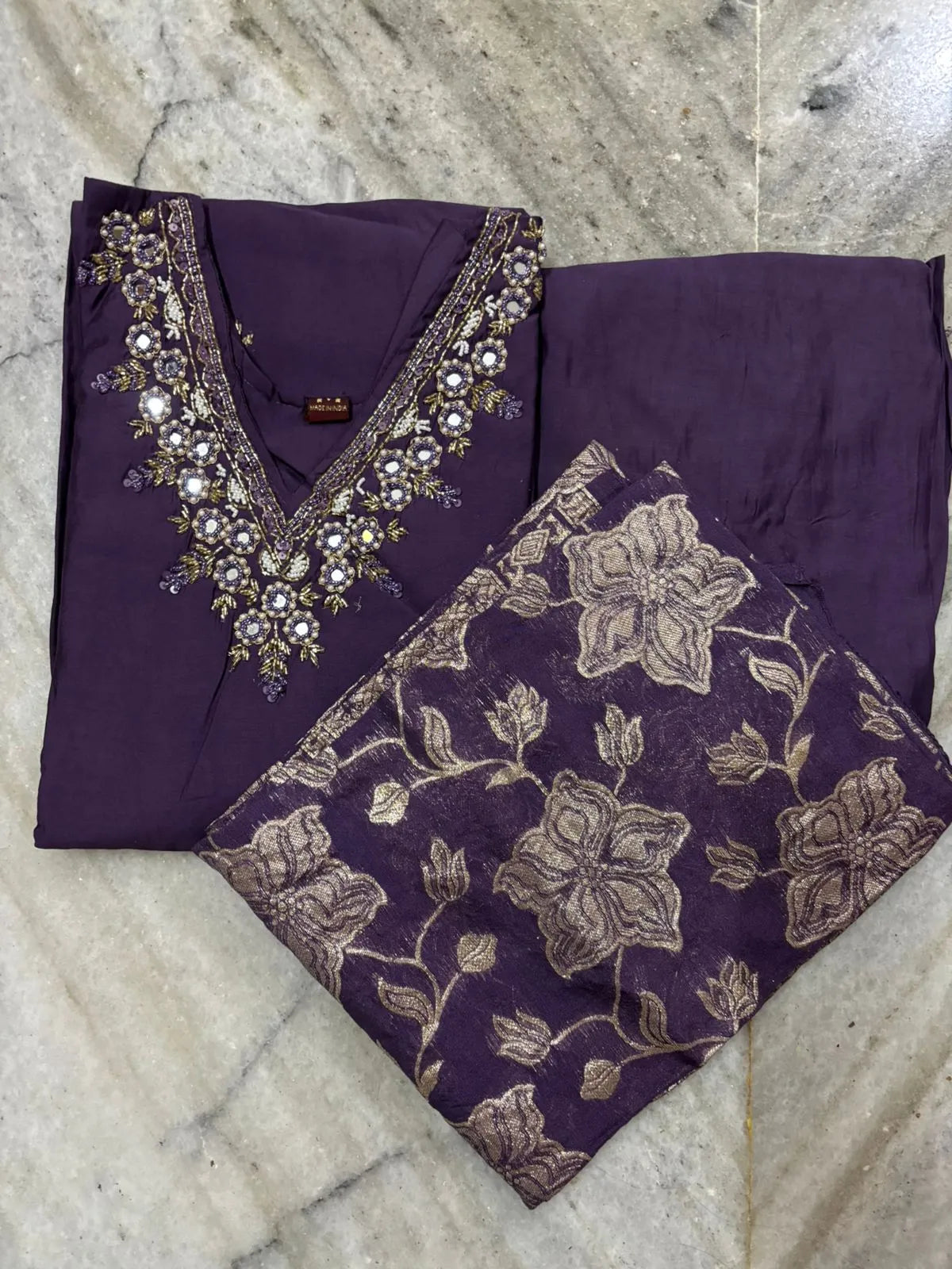 Purple Roman Silk Partywear 3pc Suit Set For Women