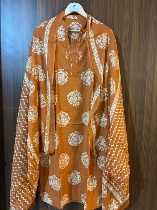 Rust Cotton Partywear Suit Set For Women