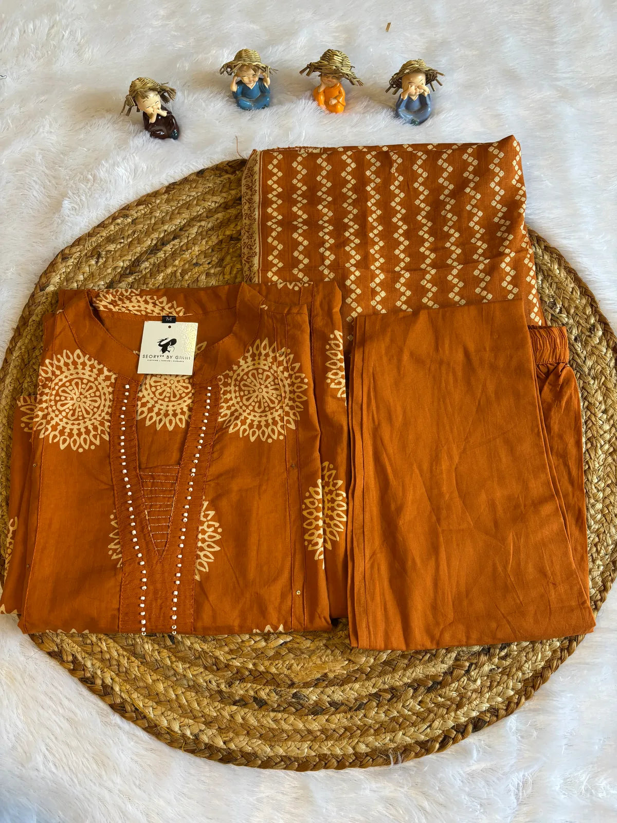 Rust Cotton Partywear Suit Set For Women