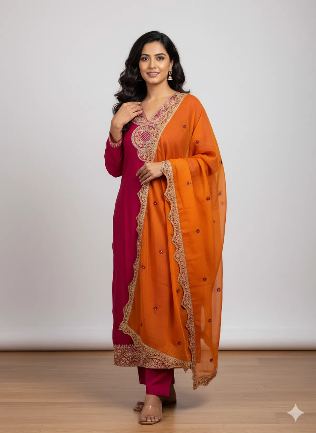 Pink & Orange Roman Silk Partywear 3pc Suit Set For Women