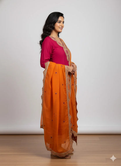 Pink & Orange Roman Silk Partywear 3pc Suit Set For Women