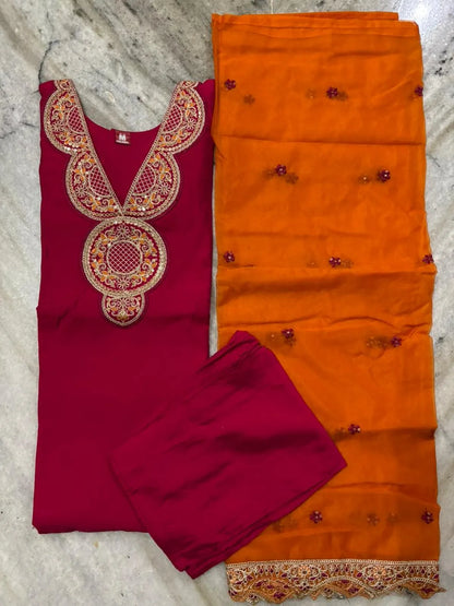 Pink & Orange Roman Silk Partywear 3pc Suit Set For Women