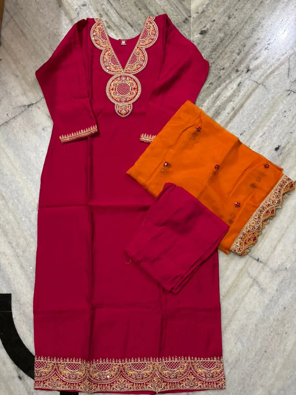 Pink & Orange Roman Silk Partywear 3pc Suit Set For Women