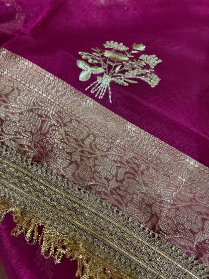 Dark Pink Soft Organza Partywear Saree For Women