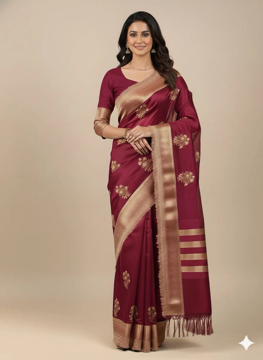 Dark Pink Soft Organza Partywear Saree For Women