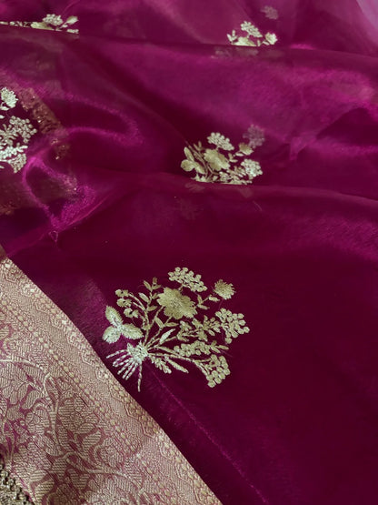 Dark Pink Soft Organza Partywear Saree For Women