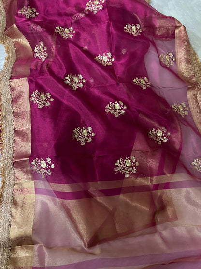 Dark Pink Soft Organza Partywear Saree For Women