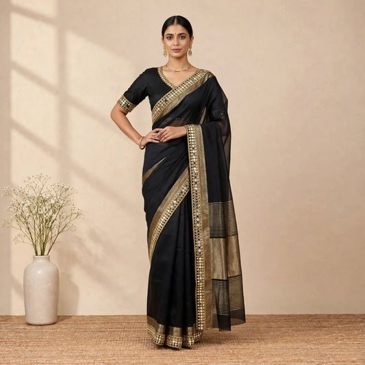 Black Soft Organza Partywear Saree For Women