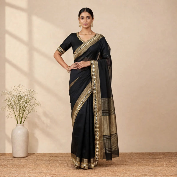 Black Soft Organza Partywear Saree For Women