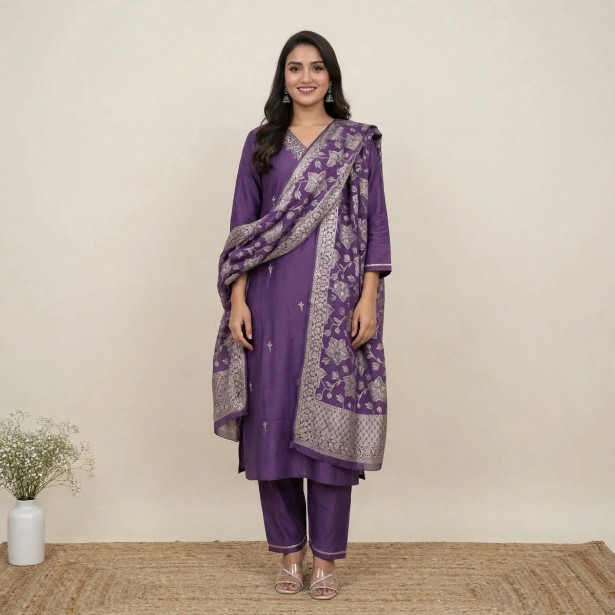 Purple Roman Silk Partywear 3pc Suit Set For Women