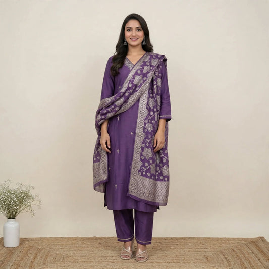 Purple Roman Silk Partywear 3pc Suit Set For Women