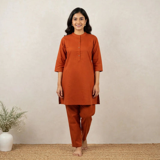 Rust Cotton Partywear Coord Set For Women