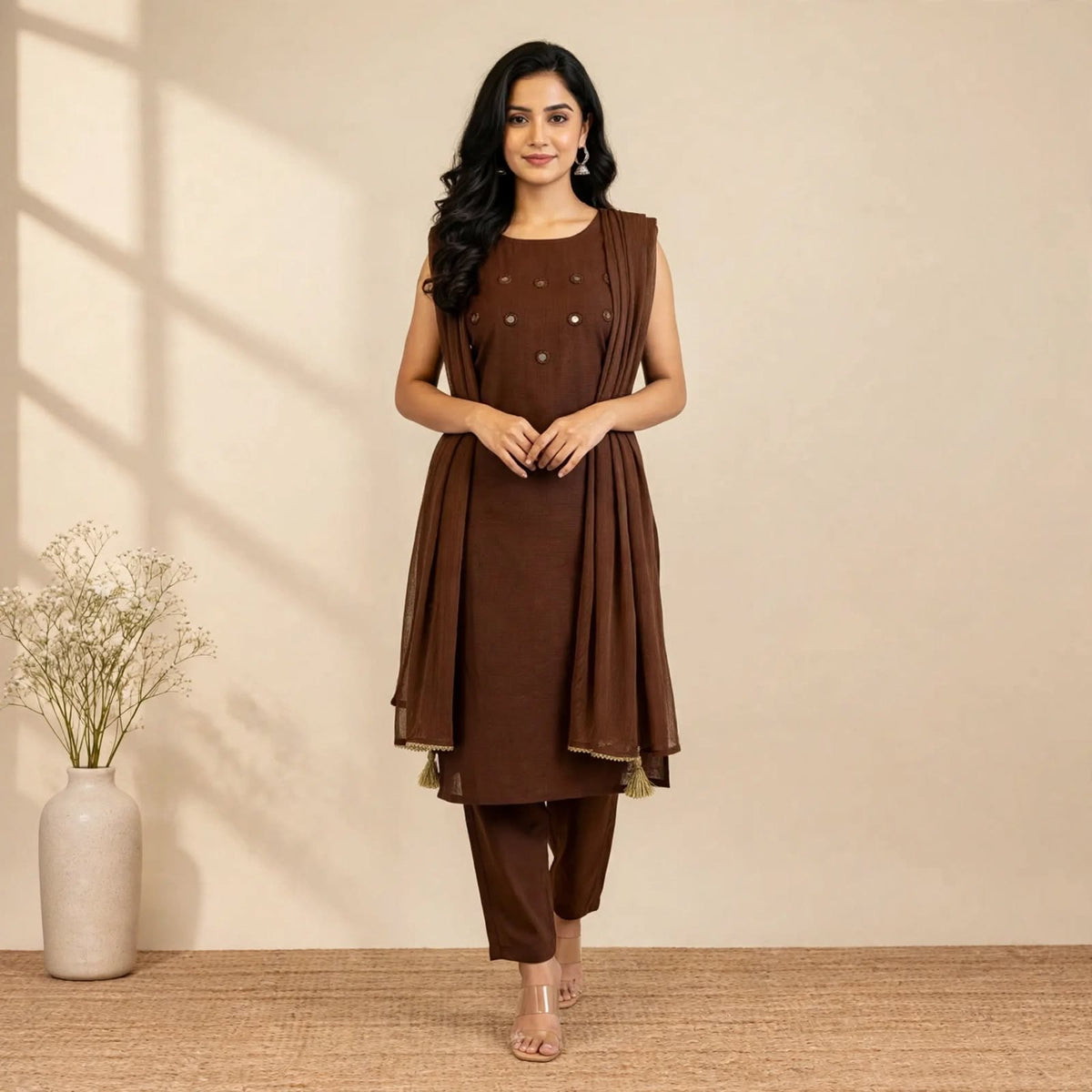 Brown Cotton Partywear Suit Set For Women