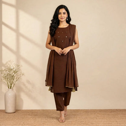 Brown Cotton Partywear Suit Set For Women