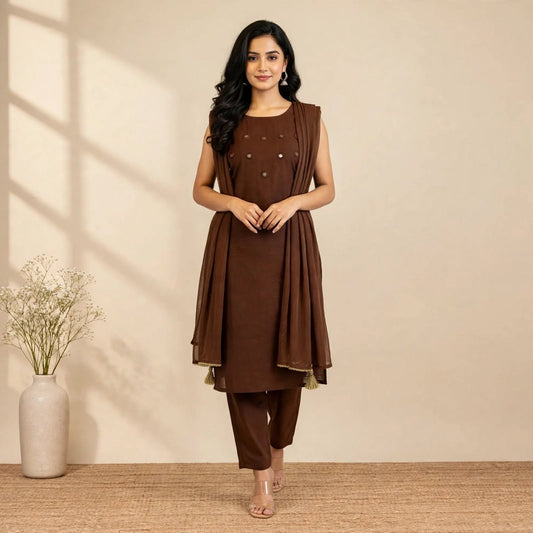 Brown Cotton Partywear Suit Set For Women