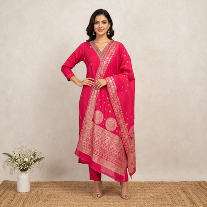 Pink Roman Silk Partywear Suit Set For Women