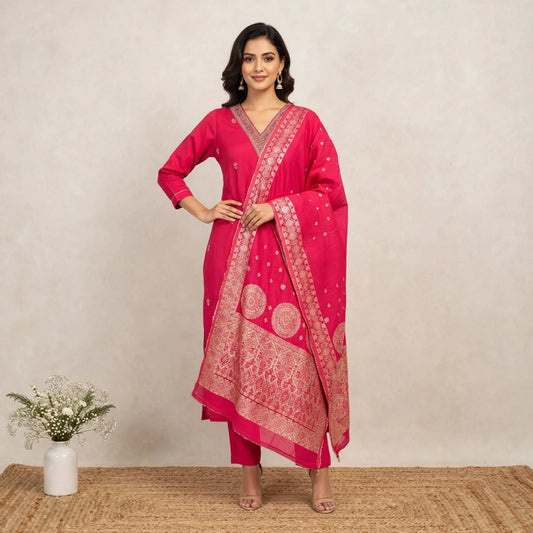 Pink Roman Silk Partywear Suit Set For Women