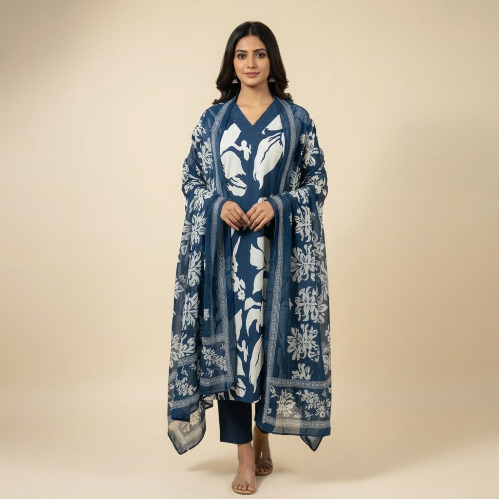 Navy Blue Cotton Partywear Suit Set For Women