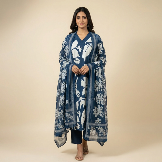 Navy Blue Cotton Partywear Suit Set For Women