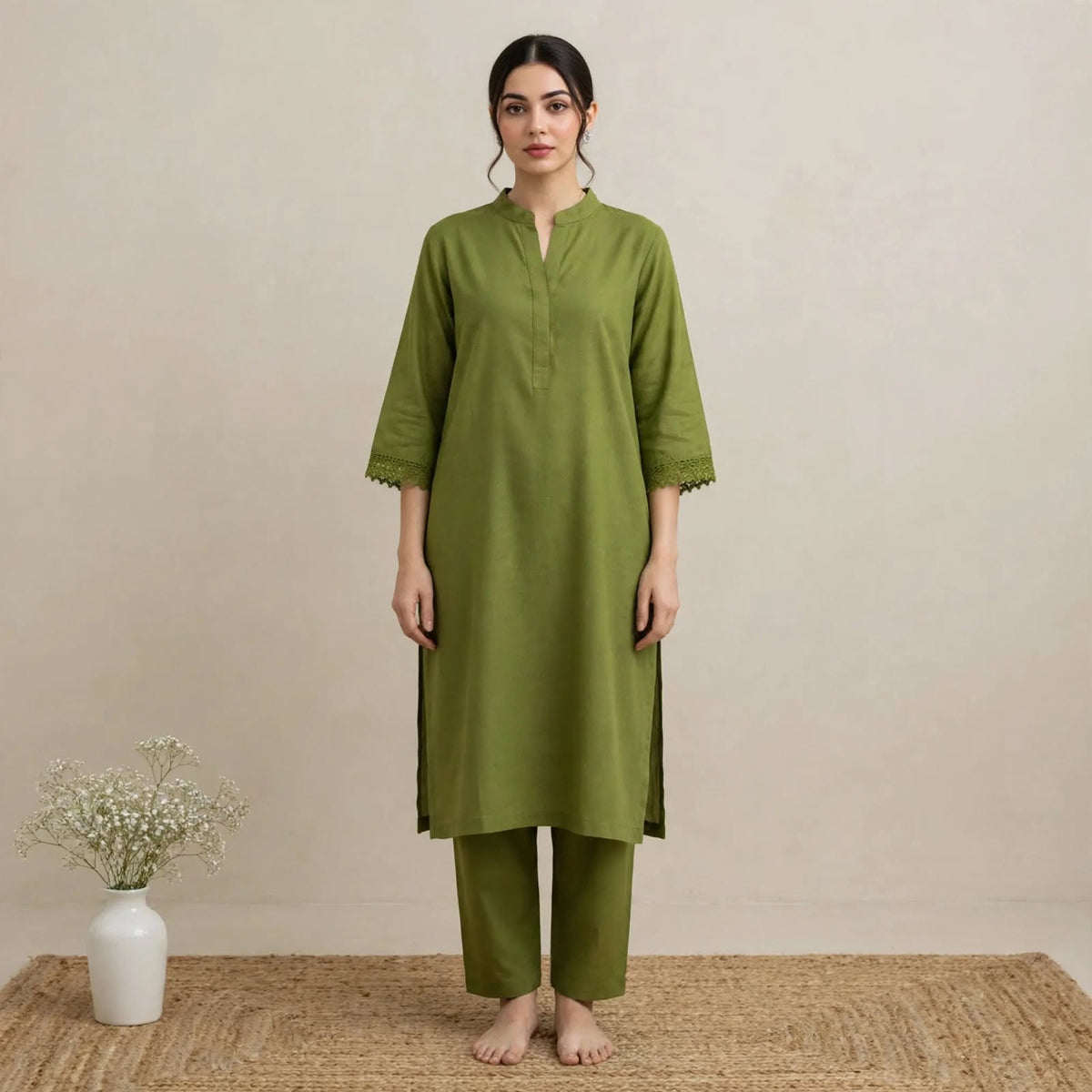Green Cotton Partywear Coord Set For Women