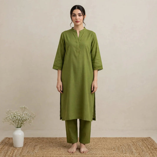 Green Cotton Partywear Coord Set For Women