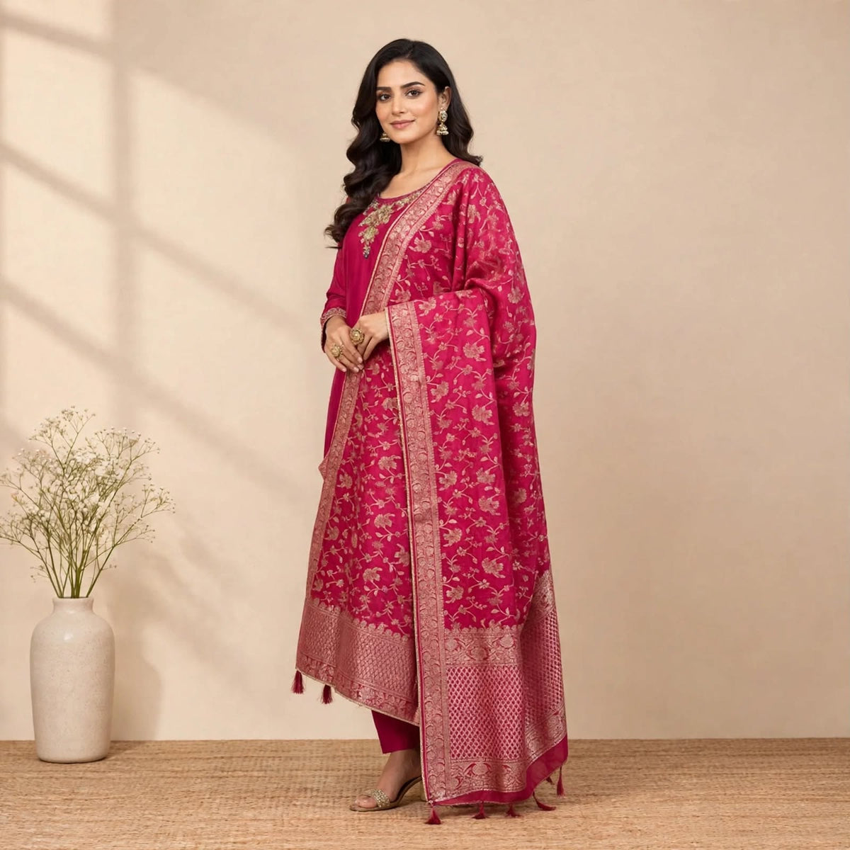Pink Silk Cotton Partywear Suit Set For Women