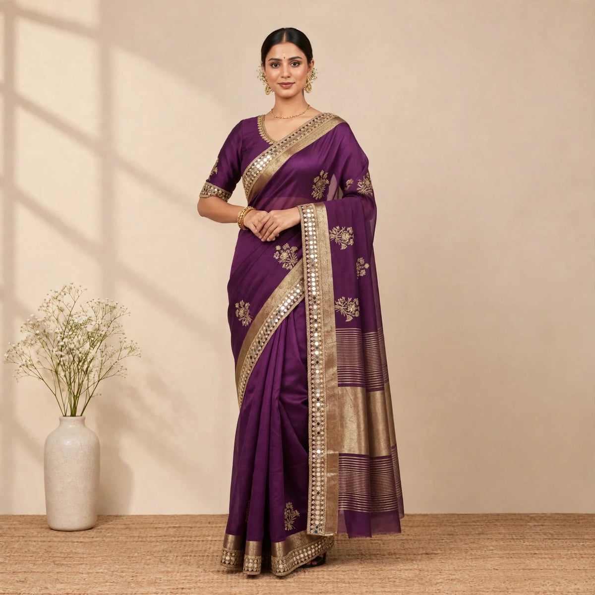 Purple Soft Organza Partywear Saree For Women