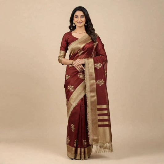 Maroon Tissue Silk Soft Organza Partywear Saree For Women