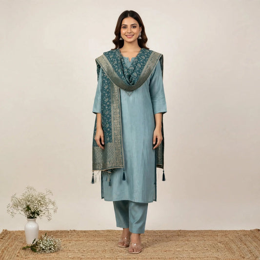 Peacock Blue Tissue Silk Fabric Partywear Suit Set For Women