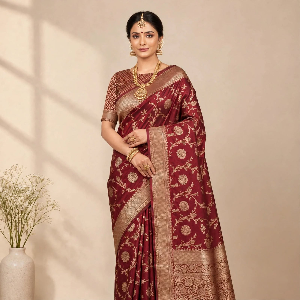Maroon Soft Organza Partywear Saree For Women