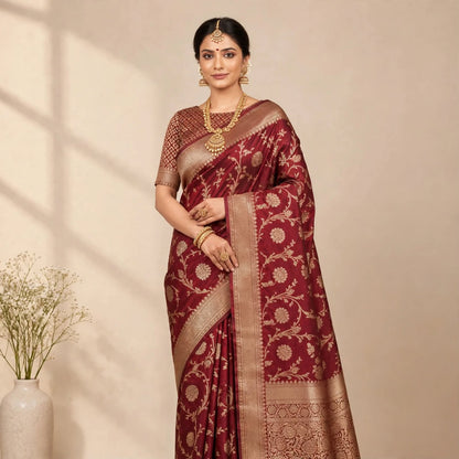 Maroon Soft Organza Partywear Saree For Women