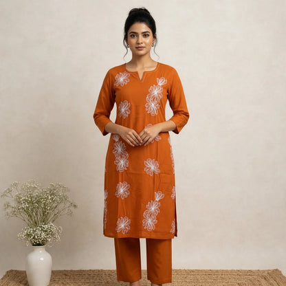 Rust Cotton Partywear 2pc Suit Set For Women