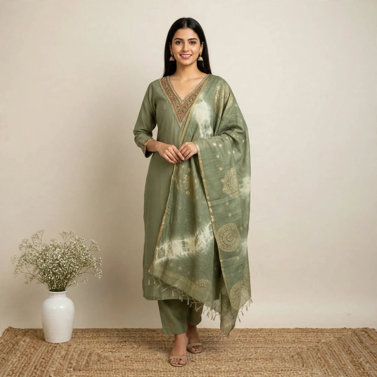 Light Green Roman Silk Partywear Suit Set For Women