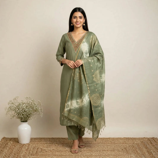 Light Green Roman Silk Partywear Suit Set For Women