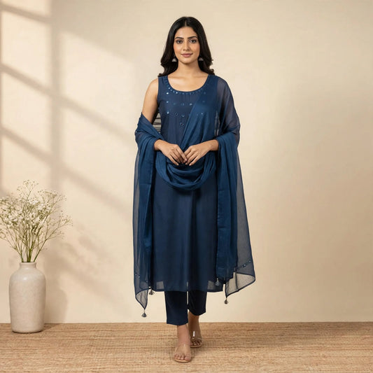 Navy Blue Cotton Partywear Suit Set For Women