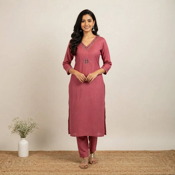 Pink Cotton Partywear 2pc Suit Set For Women