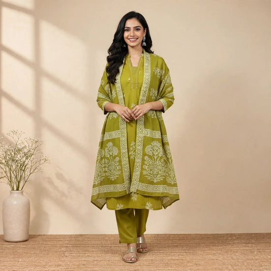 Green Cotton Partywear Suit Set For Women