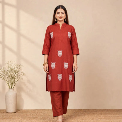 Maroon Cotton Partywear 2pc Suit Set For Women