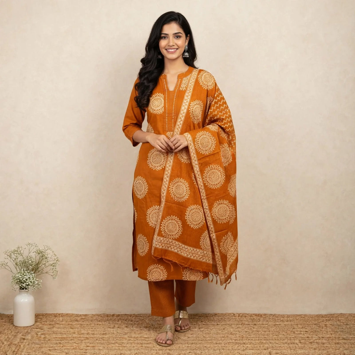Rust Cotton Partywear Suit Set For Women