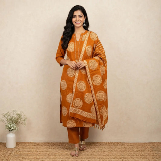 Rust Cotton Partywear Suit Set For Women