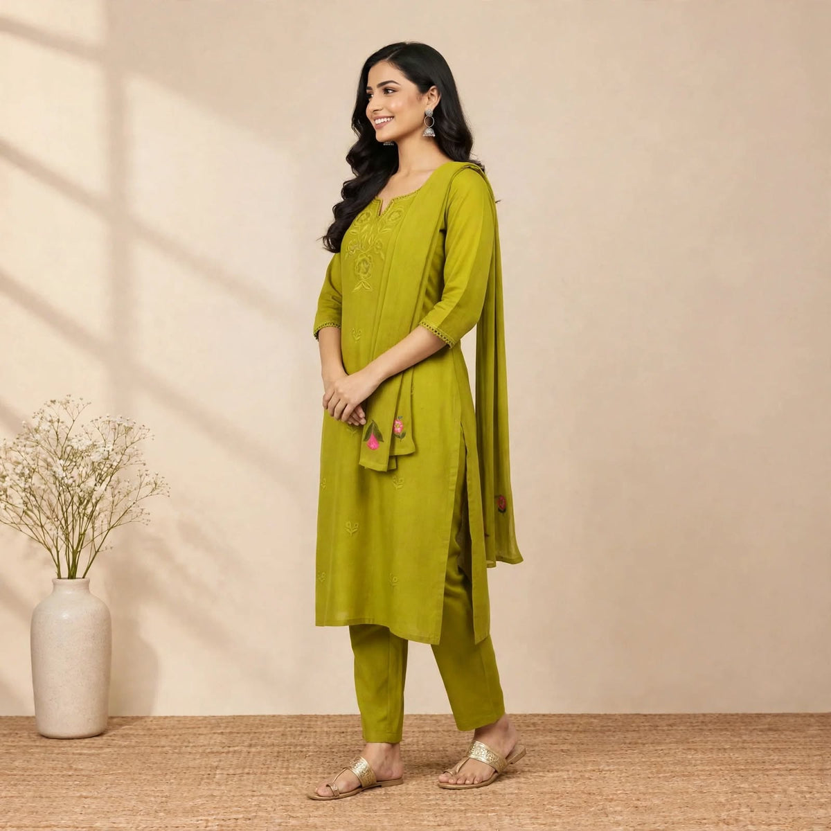 Green Cotton Partywear Suit Set For Women