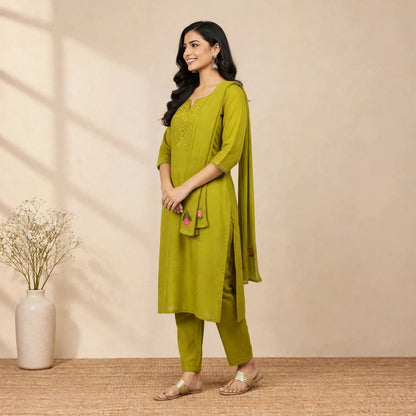 Green Cotton Partywear Suit Set For Women